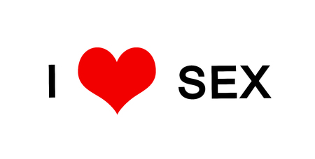 Simple red heart for print poster, card, t-shirt, mug, stickers. With the text words: I love sexの写真素材
