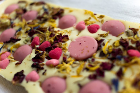 Original Polish white chocolate with straberry candies and sweet herbs. Hand made dessert snack on...
