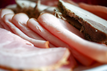 Many Meat ham slices detail close up compositionの写真素材
