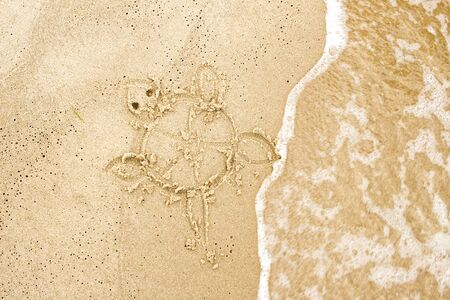 Nice, pleasant and simple sunny summer composition on holidays. Happy relaxing vacations. Hand drawn with stick on sand on beach with stick: turtle or tortoise with wavesの写真素材