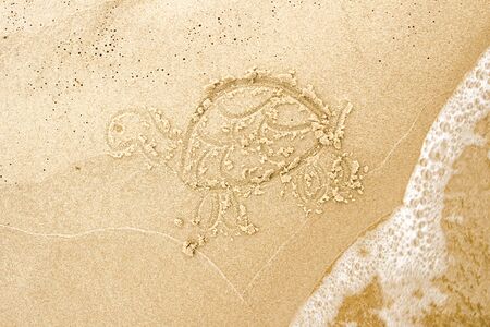 Nice, pleasant and simple sunny summer composition on holidays. Happy relaxing vacations. Hand drawn with stick on sand on beach with stick: turtle or tortoise with wavesの写真素材