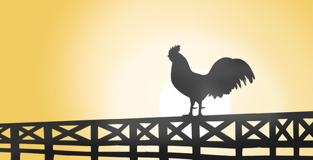 Silhouette of a rooster sitting on a wooden fence in the country. Early morning fresh air, the sun. The beginning of the day, illustrationの写真素材