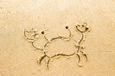 Nice, pleasant and simple sunny summer composition on holidays. Happy relaxing vacations. Hand drawn with stick on sand on beach with stick: crabの写真素材