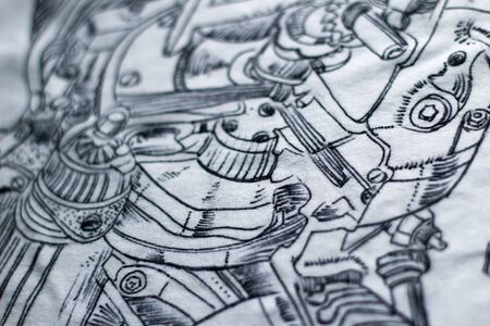 Close up, detail of an image of an engine on a white t-shirtの写真素材