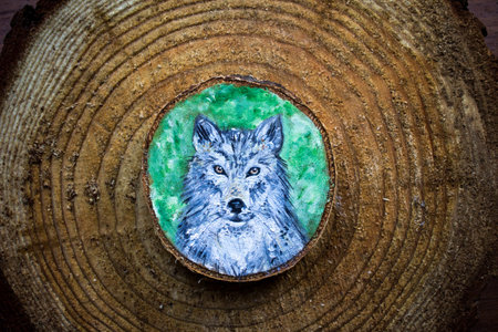 Painted forest animal on a cut piece of wood. Beautiful natural paint colors. Background of brown...