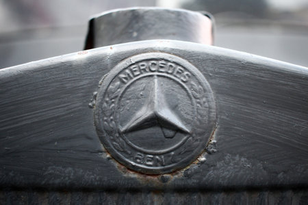 POLAND, OTREBUSY, 31 March 2017: Old Mercedes Benz logo sign