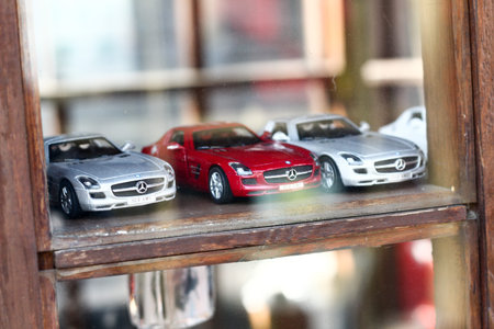 POLAND, OTREBUSY, 31 March 2017: Cool toy model cars behind the windows in a museum shop
