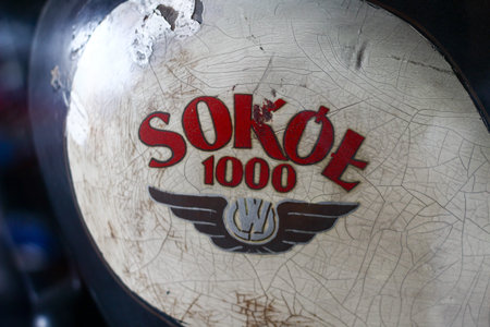 POLAND, OTREBUSY, 31 March 2017: classic Polish motorcycle logo: SOKOL 1000のeditorial素材