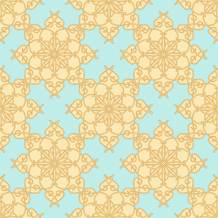 Seamless pattern of yellow-beige ornament on a pastel blue backgroundのイラスト素材