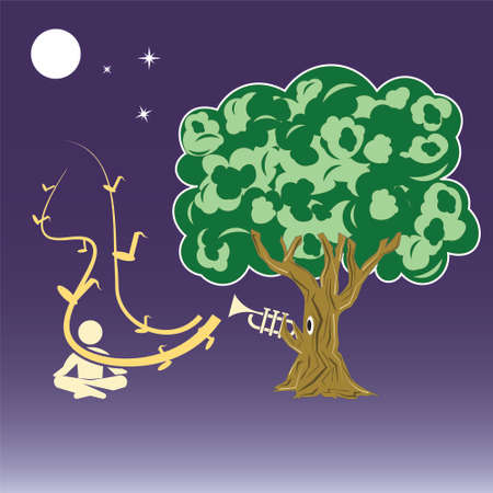 Cartoon illustration of tree playing fluteのイラスト素材
