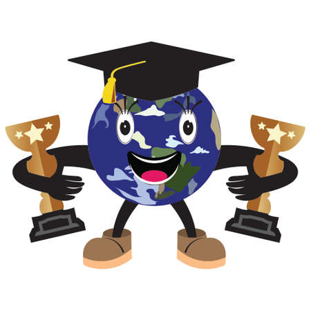 Cartoon Vector of earth holding trophies on graduation dayのイラスト素材