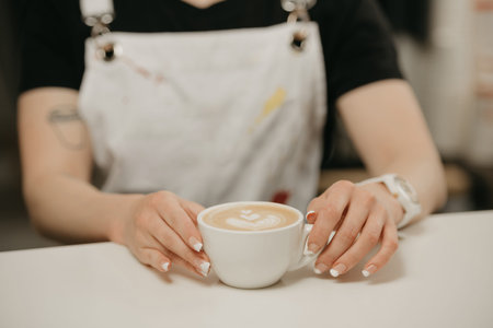 A female barista keeps a cup of latte in her hands in a cafe.  の写真素材