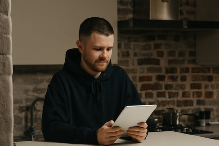 Remote work. A man working remotely on his tablet. A businessman with a beard working at home.