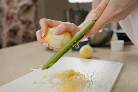 A close dynamic photo from the side of the hands of a woman who is separating the lemon zest with a...