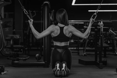 A photo from behind of the sporty woman who is doing vertical thrust in the cable machine crossover...