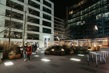 Warsaw, Poland - March 19, 2022: Browary Warszawskie, Grzybowska street 62 in the evening