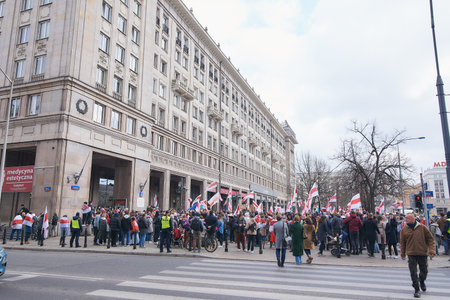 Warsaw, Poland - March 26, 2022: Belarus Freedom Day at Constitution Squareのeditorial素材