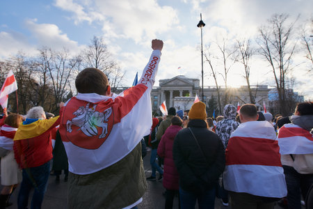 Warsaw, Poland - March 26, 2022: Belarus Freedom Day near Embassy of the Russian Federationのeditorial素材