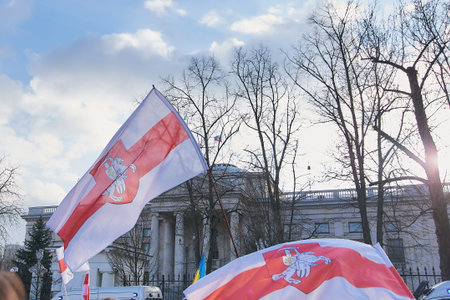 Warsaw, Poland - March 26, 2022: Belarus Freedom Day near Embassy of the Russian Federation