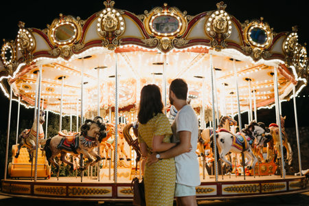 A young woman and her boyfriend with their backs are staring at the carousel.の写真素材