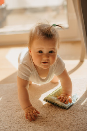 A curious 7-month girl is crawling from a balcony door a bodysuit at home.の写真素材