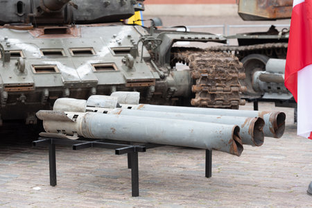 WARSAW, POLAND - JUNE 29, 2022: The exhibition of the destroyed in Ukraine Russian military vehicles on Castle Square. Samples of shells of artillery rocket systems Uragan-1M (Hurricane-1M) and Smerchのeditorial素材