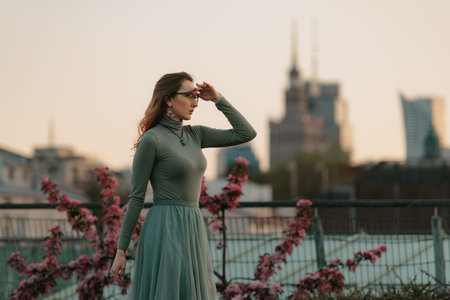 A happy redhead woman in glasses is staring into the distance with warsaw skyscrapers in the background at sunset.の写真素材