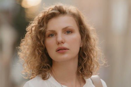 A headshot photo of a woman with curly hair in an old European townの写真素材