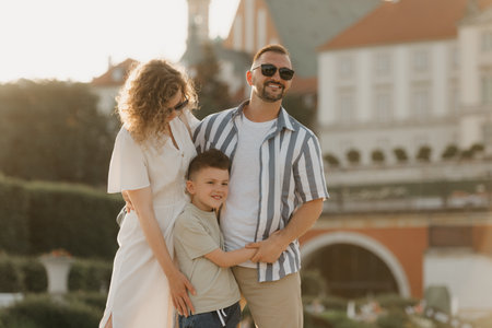 Father, mother and son are having fun in an old European town. Happy familyの写真素材