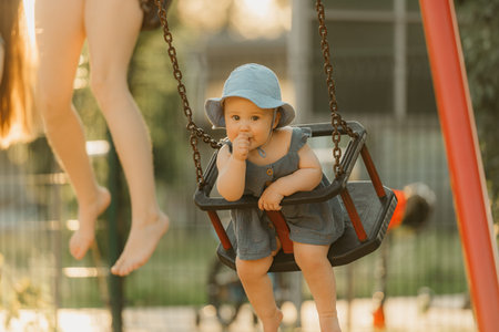 Toddler in a dress is sucking her thumb on a swing on the warm summer eveningの写真素材