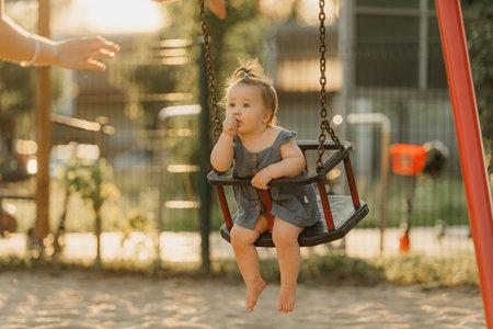 Toddler in a dress is sucking her thumb on a swing on the warm summer eveningの写真素材
