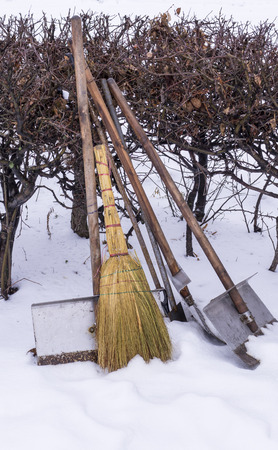 snow removal janitor equipment at wintertime. background.の写真素材