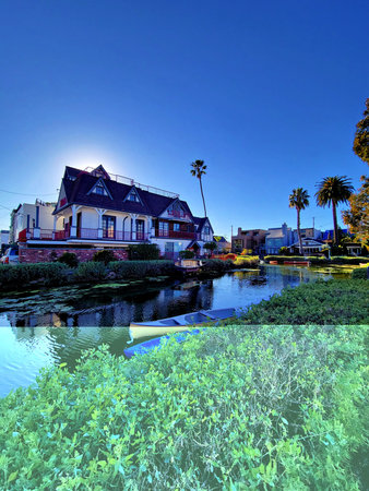 urban landscape surrounded by water and boats; water gardens