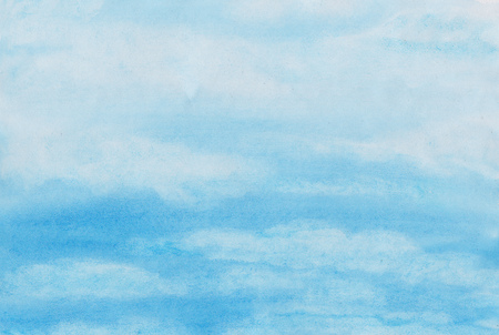 This is abstract painting of cloudy blue sky. There are many blurry white clouds on a light-blue background.の写真素材