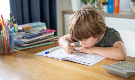 Young boy learning at home in living room