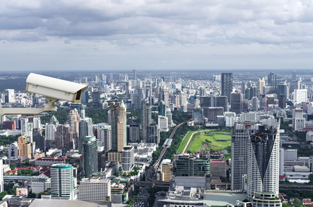 BANGKOK, THAILAND - JULY 13: Security camera monitoring the traffice movement on top view of Bai-Yok2 building that can see cityscape of bangkok on July 13, 2013, Bai-Yok2 Building is highest building of thailand, Thailandのeditorial素材