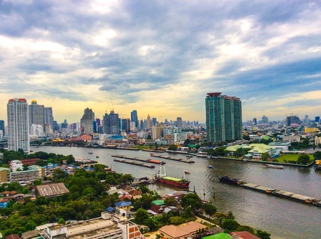 Shipping with bangkok cityscape river sideの素材