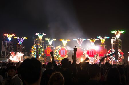 Rock concert, silhouettes of many people enjoying rock concert, music festivalのeditorial素材