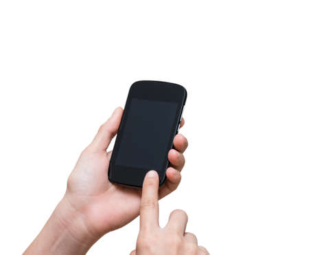 Female hand holding mobile smart phone touch screen on white background, include clipping path