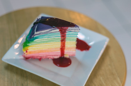 Rainbow crape cake. (Focus on top layer)の写真素材