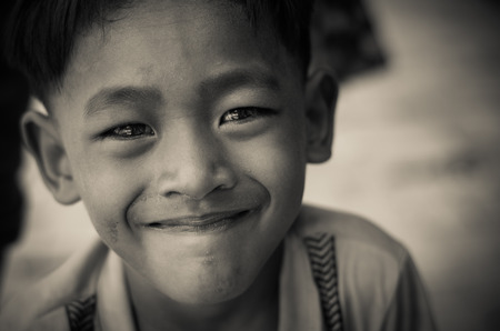 SIEM REAP, CAMBODIA - MAY 2 : Closeup face og Unidentified boy of Cambodian at kabal spean on May 2, 2015 in Siem Reap, Cambodiaのeditorial素材