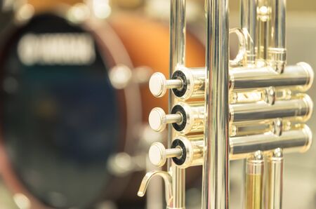 Trumpet on drum backgroundの写真素材