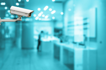 CCTV security camera on monitor the abstract store blurred in hall with bokeh background, blue color...
