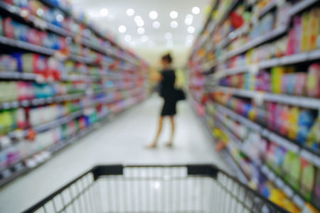 Abstract blurred photo of store with trolley in department store bokeh backgroundの写真素材