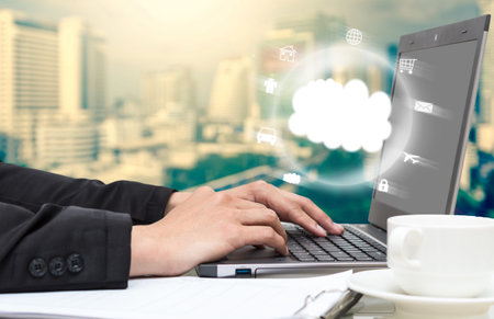 Businessman Hand pressing the keyboard for manage the Cloud Computing technology, Business...
