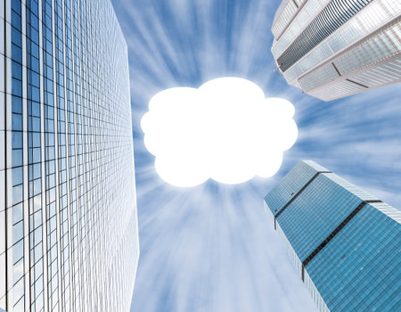 Modern business building glass of skyscrapers on blue sky background with earth and cloud for text,...