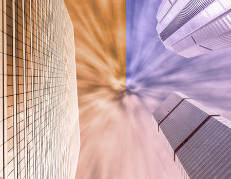 Modern business building glass of skyscrapers on blue sky background with earth, Business concept of...