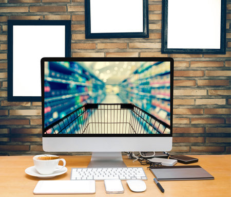 workspace on brick wall background with advertise frame show Abstract blurred photo of store with...