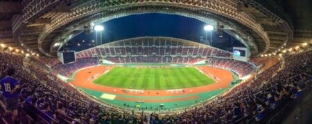 Panorama of Abstract blurred photo of fan sport at stadium, sport background conceptのeditorial素材