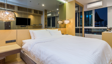 Luxury Interior bedroom with blue sky at twilight timeのeditorial素材